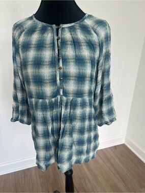 Maeve by Anthropology Blue Cream Plaid Button-Front 3/4 sleeve Tunic Top size S